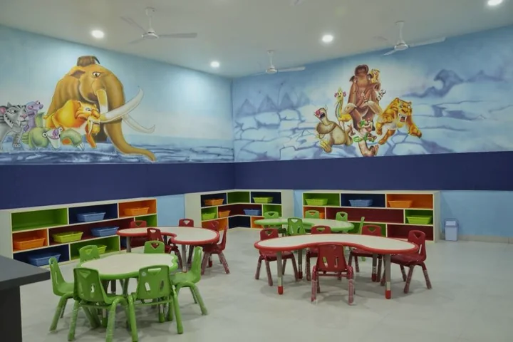 Colourful tables, shelves and activity spaces inside the school