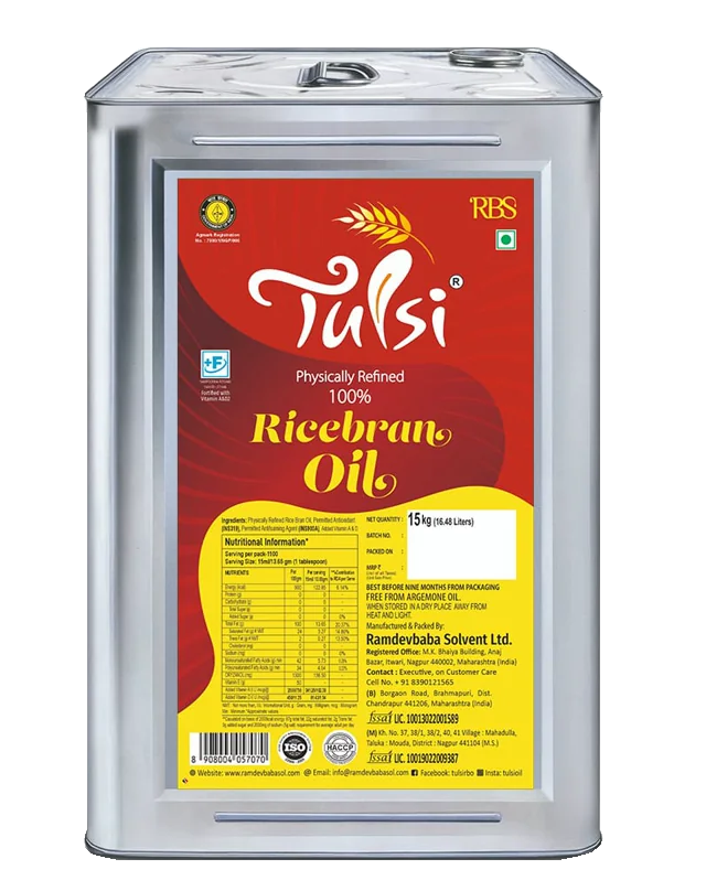 Close-up of Tulsi Rice bran oil, the 15 kg tin